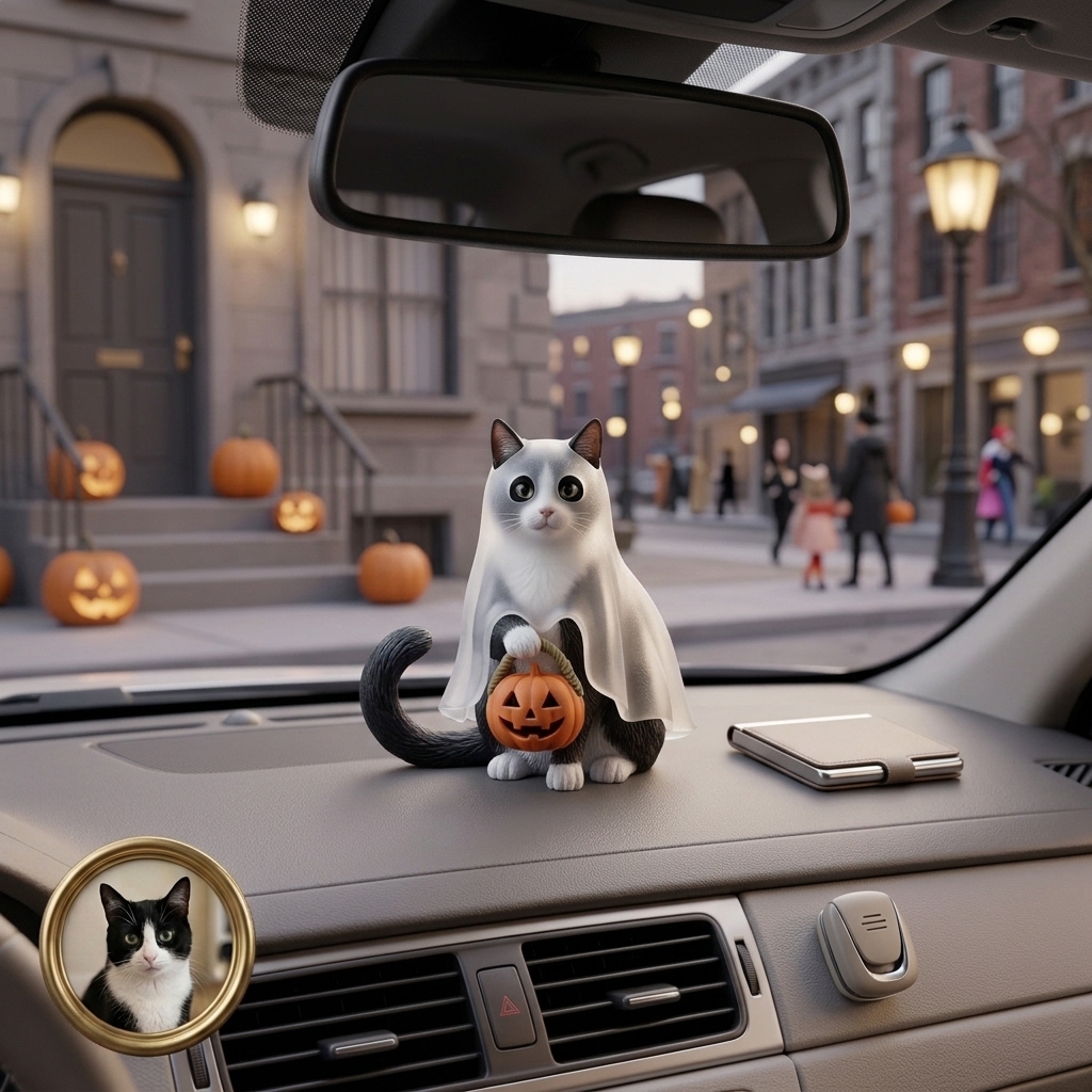 Cute 3D Printed Custom Halloween Pet with Pumpkin Figurine | Personalized Mini Car Ornament of Pets | Pets Halloween Decor | Made of resin | Dogs Cats Halloween Gift