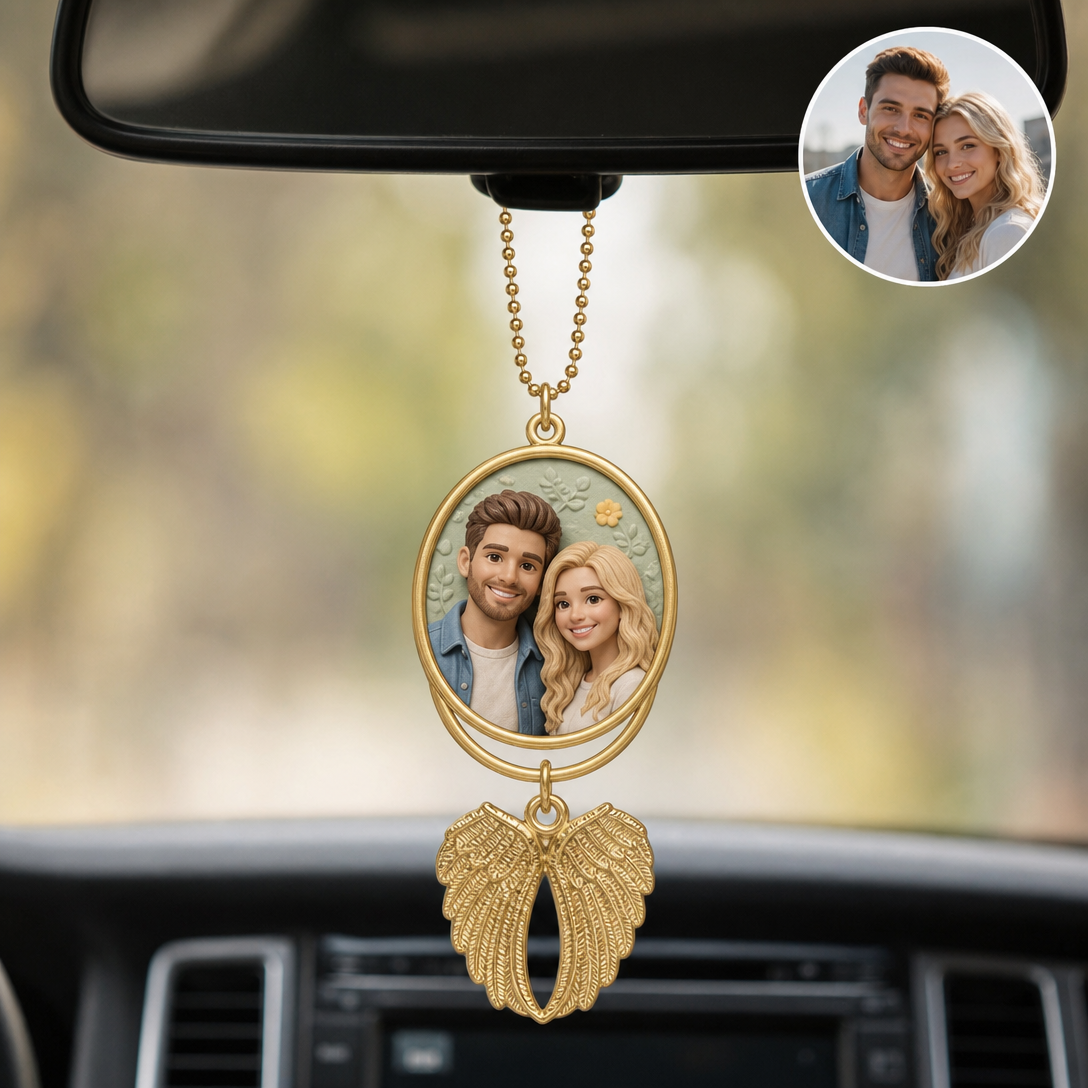Personalized 3D Portrait with Wings Photo Car Hanging Ornament | Custom 3D Relief Photo Gift for Him/Her/Couple/Family | Angel Wings Photo Ornaments 2026 | Loss of Loved Ones Sympathy Memorial Gift