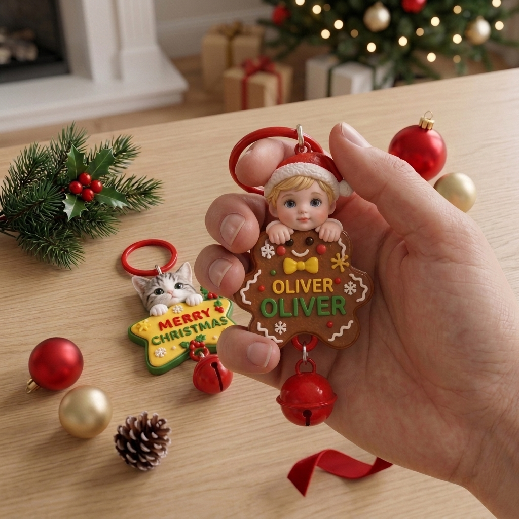 Custom Christmas Bell Keychain – 3D Cartoon Pet & Person