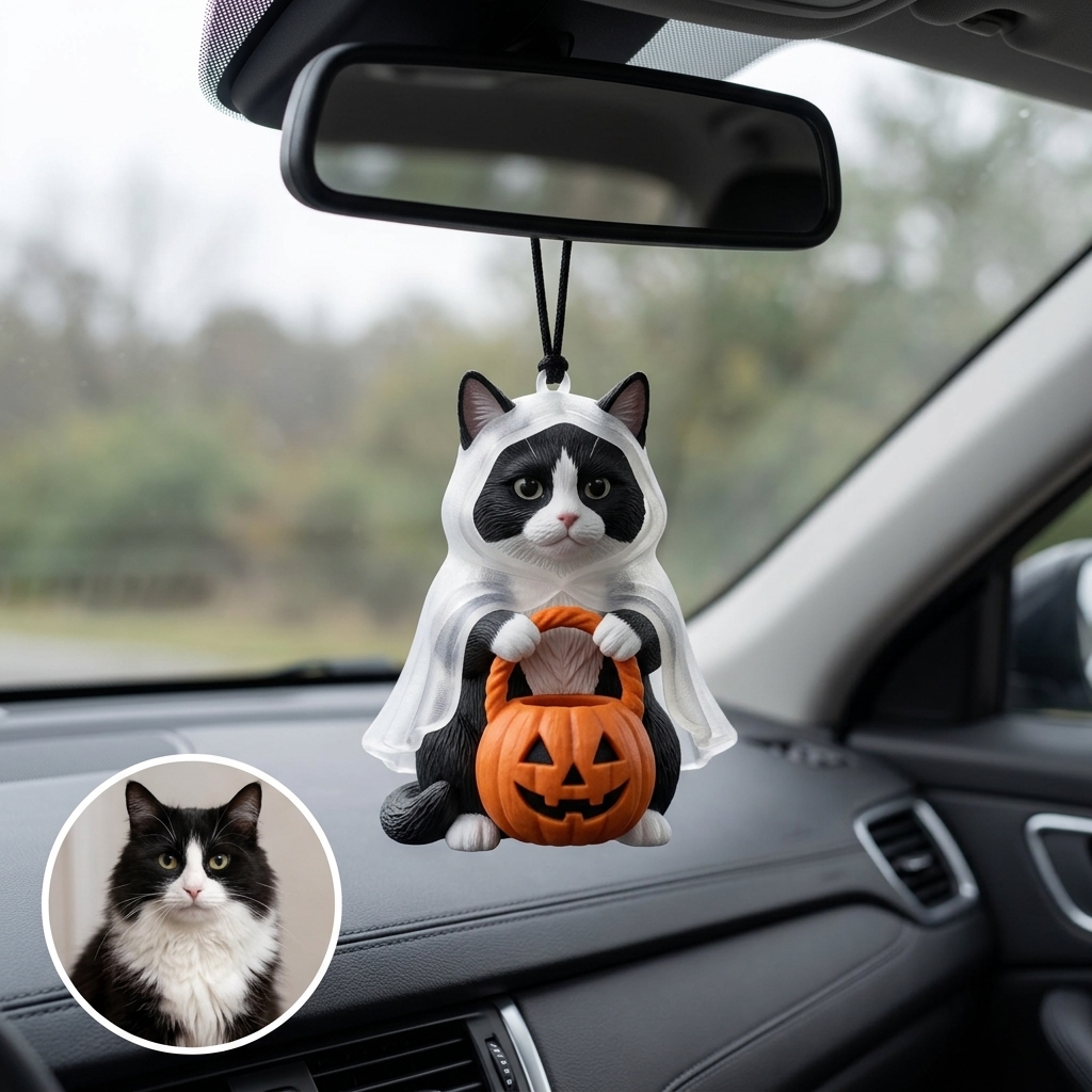 Cute 3D Printed Custom Halloween Pet with Pumpkin Figurine | Personalized Mini Car Ornament of Pets | Pets Halloween Decor | Made of resin | Dogs Cats Halloween Gift