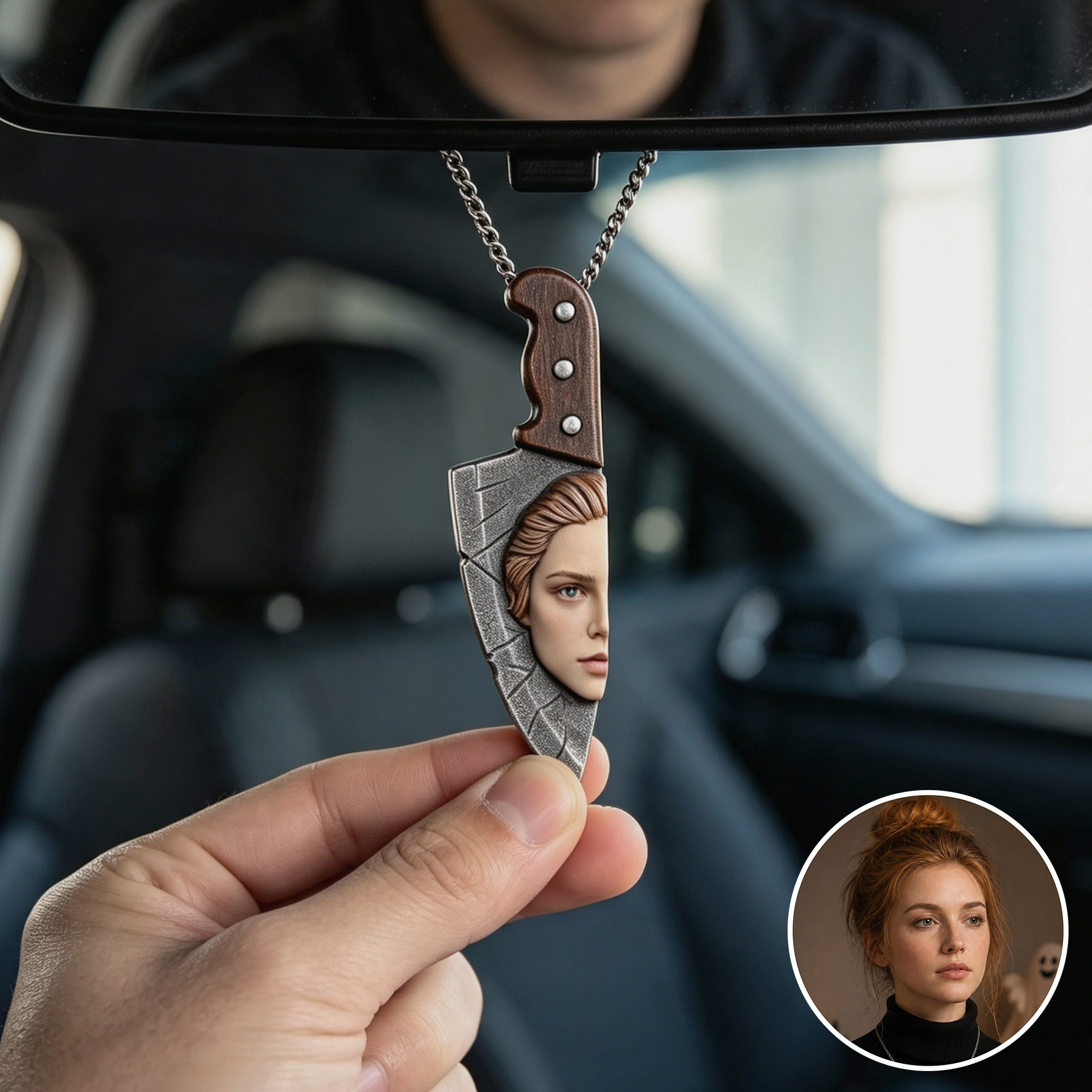 Personalized 3D Portrait Halloween Necklace | Custom Photo Ornament | Half A Relief Face on the Knife Necklace | Halloween Car Ornaments Decoration Gift for Her/Him