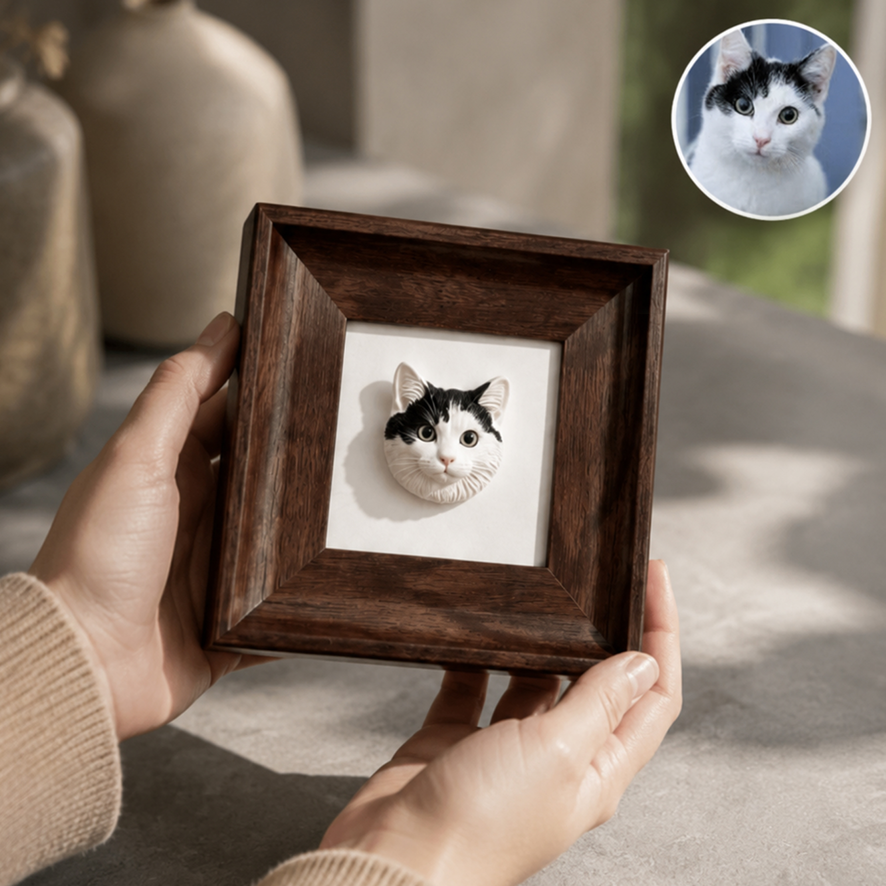 Personalized 3D Pet Portrait with Frame Ornament, Customized 3D Printed Mini Pet Portrait with Wooden Frame, Made of Resin, Compatible with Bedroom, Cars and Offices, Multi-purpose for Desktop