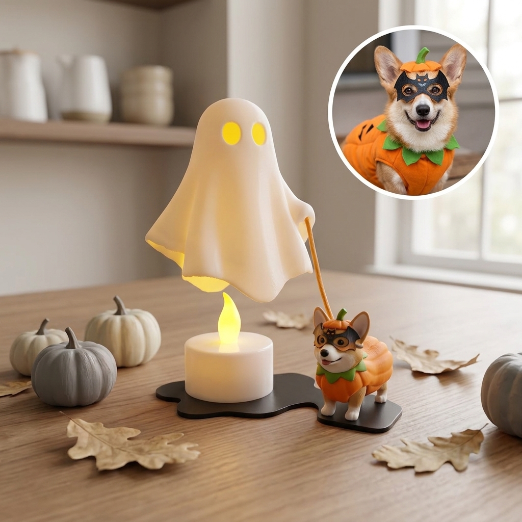 Personalized 3D Printed Pet wtih Ghost, Custom Pet with Halloween Floating Ghost Lamp, Desk Rustic Ghost Pet Night Light, Halloween Dogs Cats Desk Decor, Ghost Ornament Gift, Ghost Dog Walker 3D Printed Decor