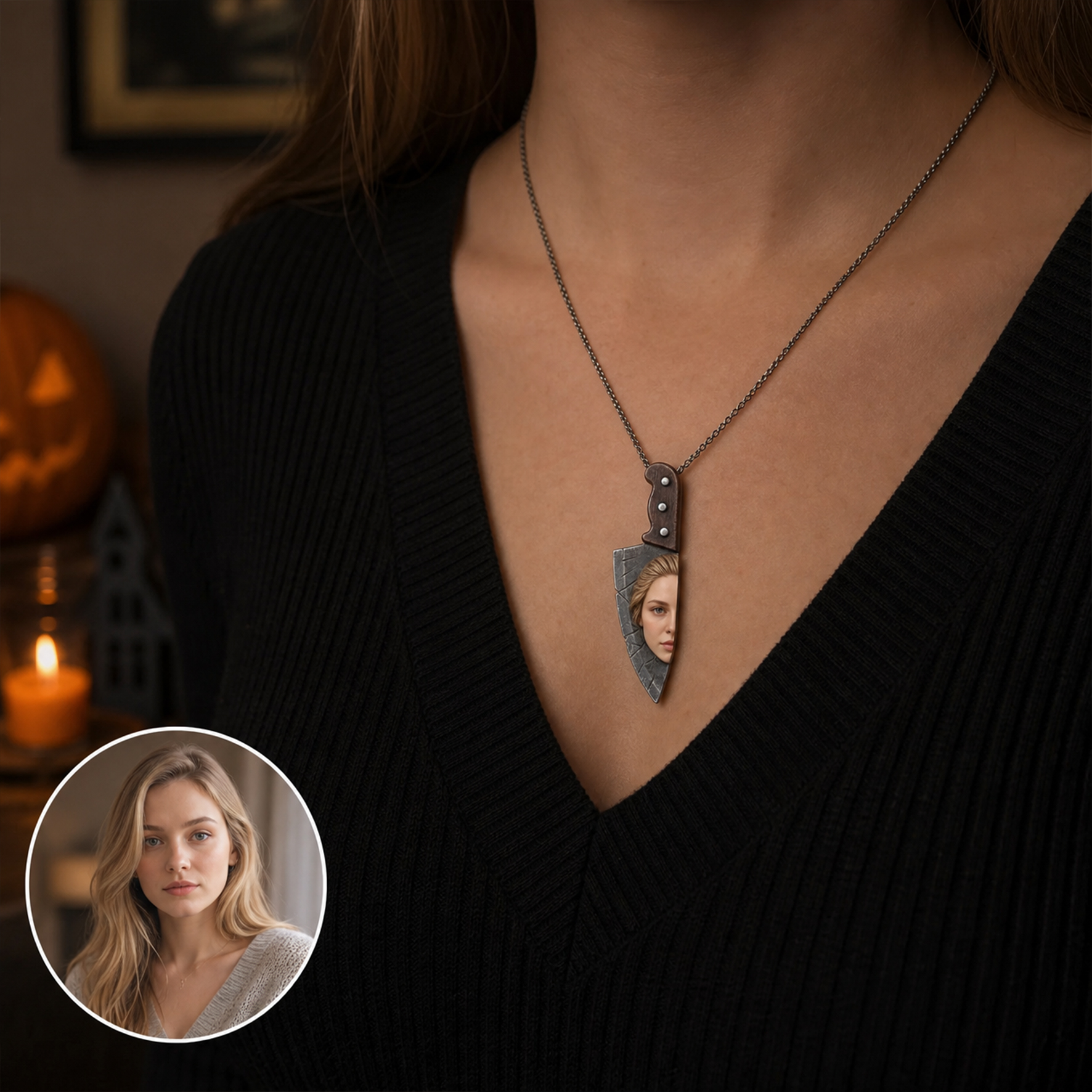 Personalized 3D Portrait Halloween Necklace | Custom Photo Ornament | Half A Relief Face on the Knife Necklace | Halloween Car Ornaments Decoration Gift for Her/Him