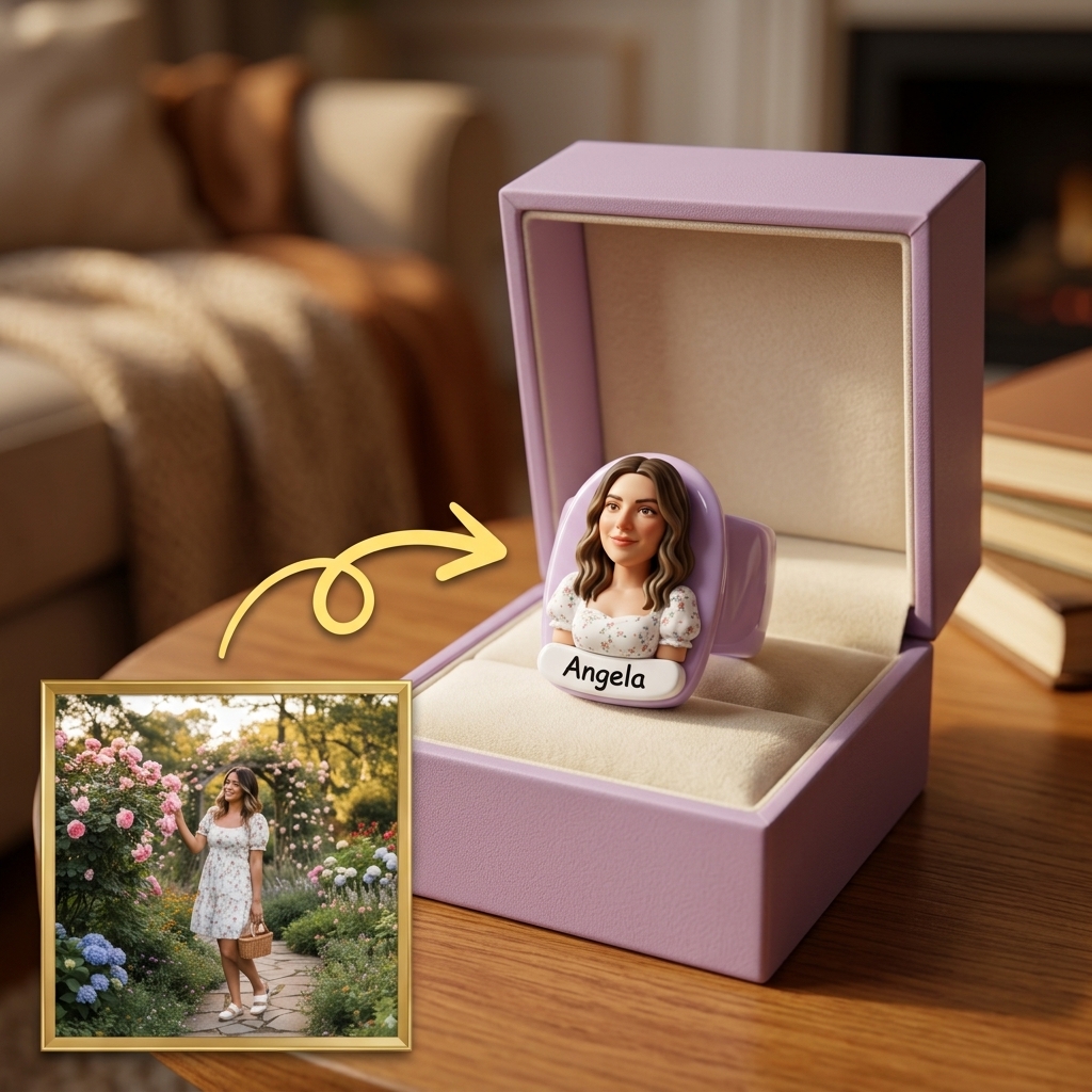 Personalized 3D figurine rings, custom commemorative jewelry, and meaningful gifts for couples.