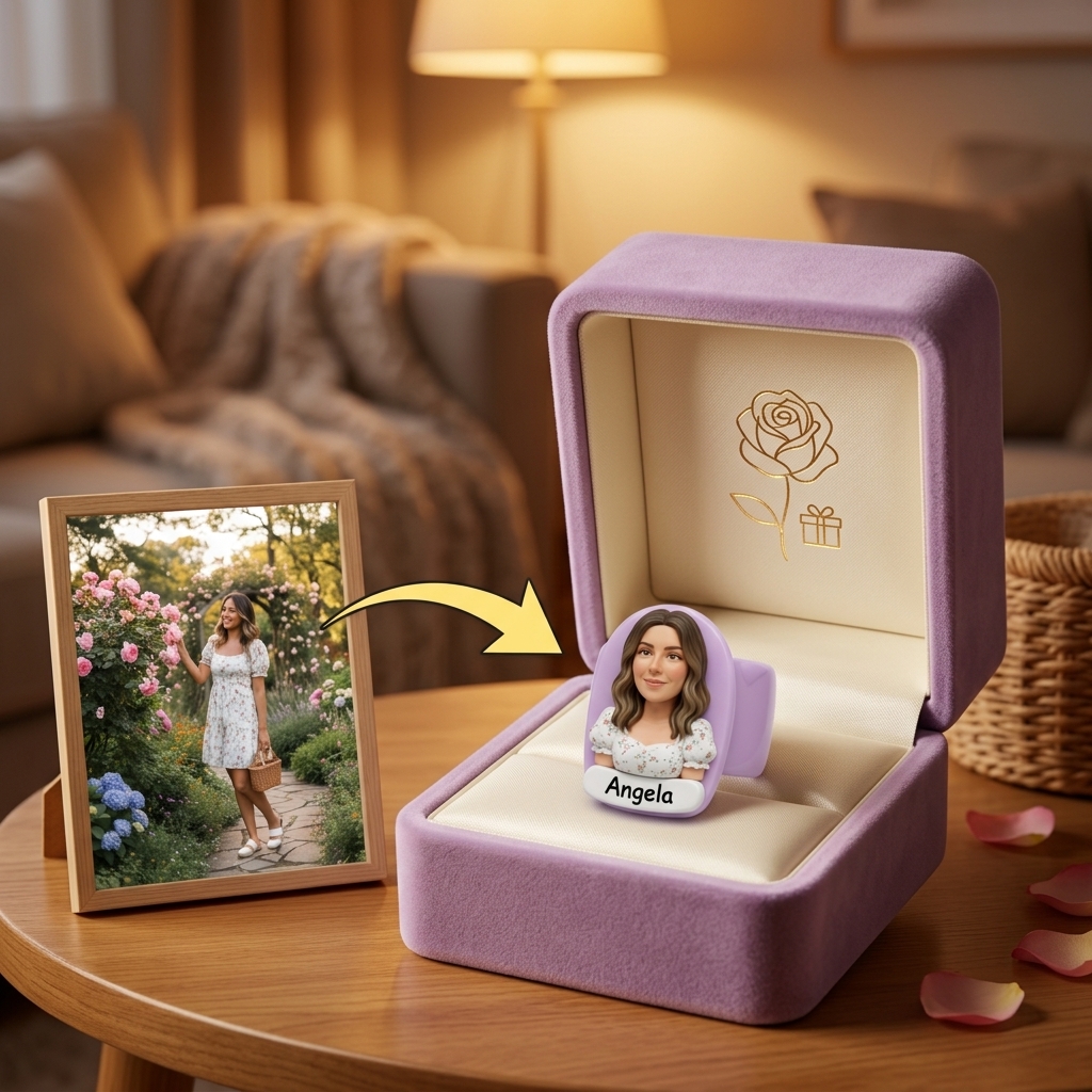 Personalized 3D figurine rings, custom commemorative jewelry, and meaningful gifts for couples.