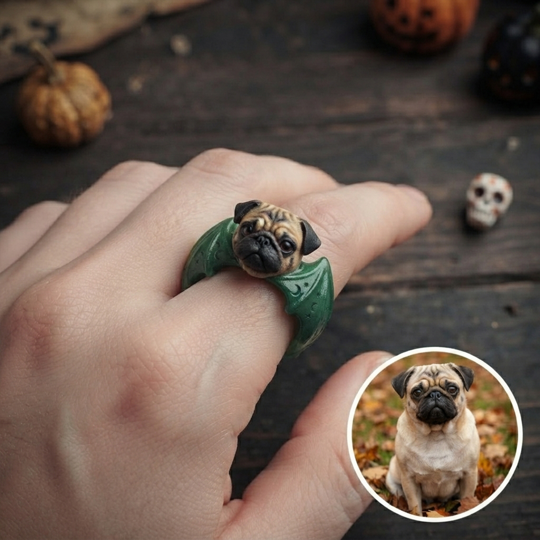 Custom 3D Pet Ring | Custom Halloween Pet with Bat Wings Ring | Personalized Dogs & Cats Halloween Gift | Resin ring