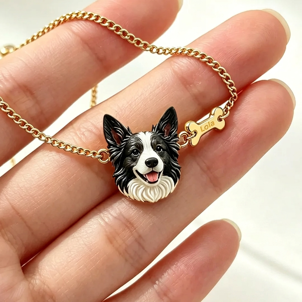 Custom Pet Portrait Bracelet – Personalized 3D Dog Head Bracelet, Memorial Pet Lover Gift, Dog Head with Bone Bracelet