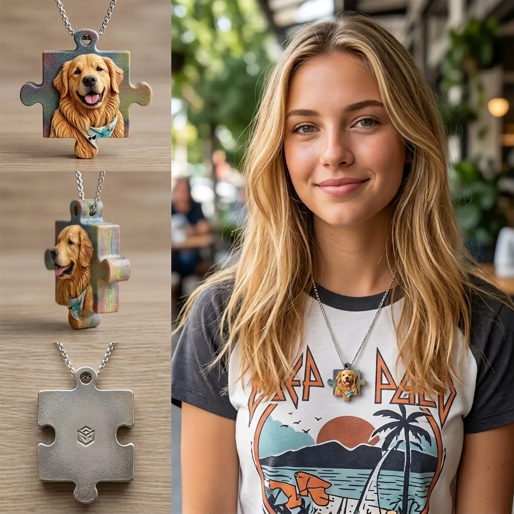 Personalized Pet Family Necklace – Custom 3D Puzzle Pendant for Pet Lovers