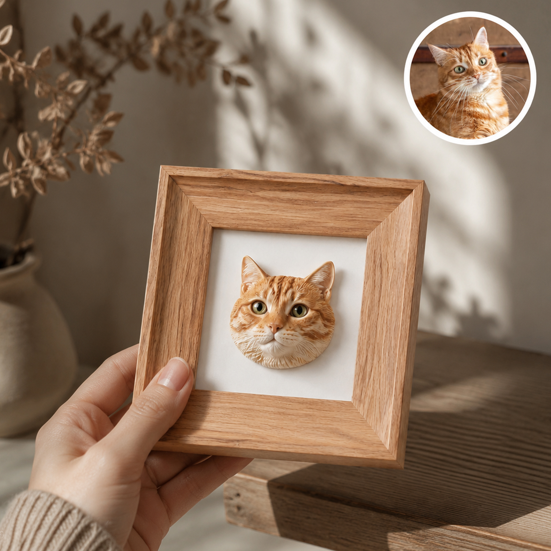 Personalized 3D Pet Portrait with Frame Ornament, Customized 3D Printed Mini Pet Portrait with Wooden Frame, Made of Resin, Compatible with Bedroom, Cars and Offices, Multi-purpose for Desktop