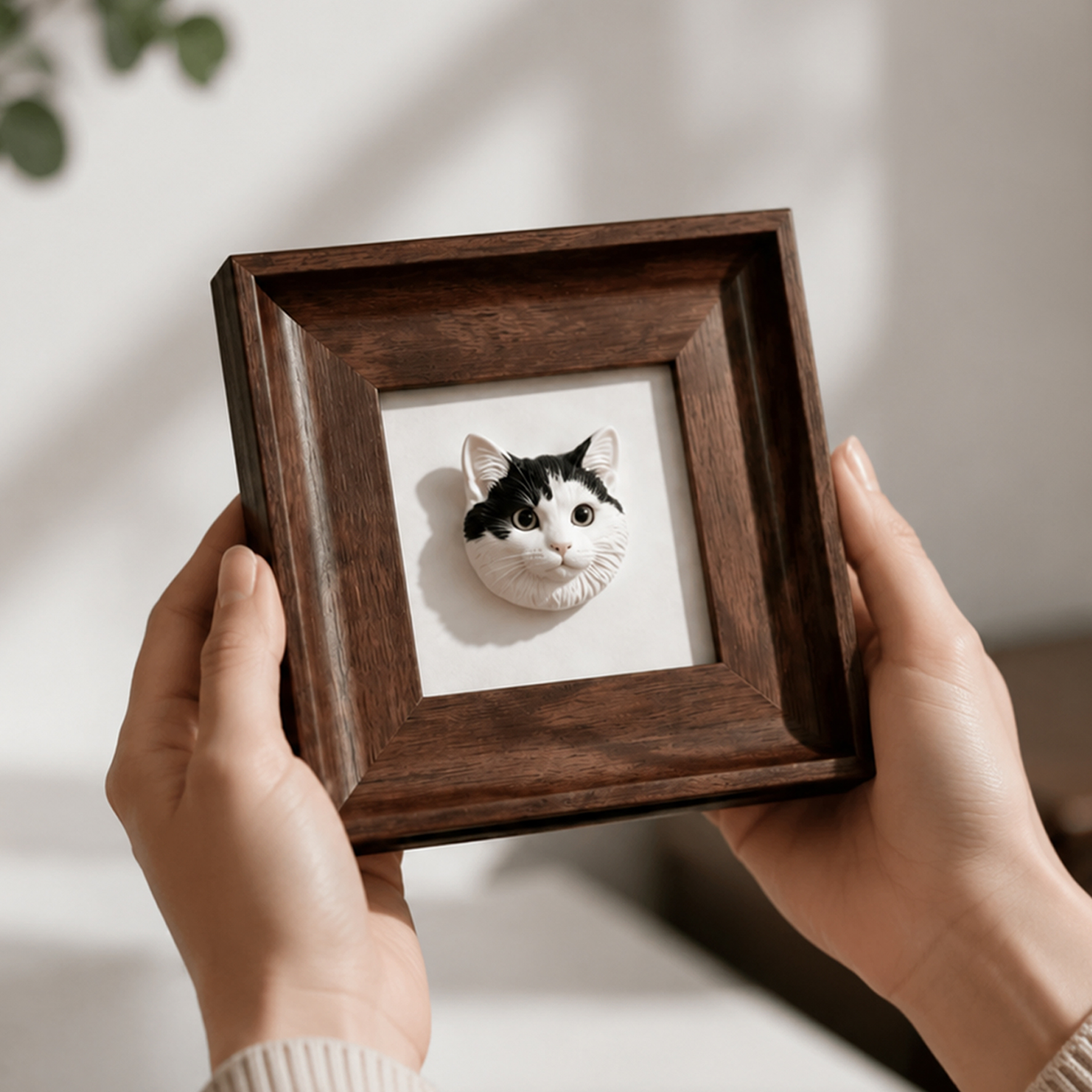 Personalized 3D Pet Portrait with Frame Ornament, Customized 3D Printed Mini Pet Portrait with Wooden Frame, Made of Resin, Compatible with Bedroom, Cars and Offices, Multi-purpose for Desktop
