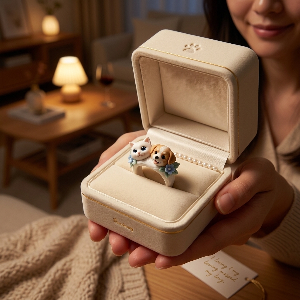 Customized 3D pet portrait rings, personalized 3D pet portrait rings, commemorative gifts for pet lovers.