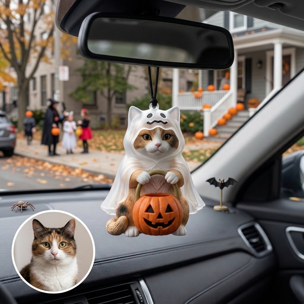 Cute 3D Printed Custom Halloween Pet with Pumpkin Figurine | Personalized Mini Car Ornament of Pets | Pets Halloween Decor | Made of resin | Dogs Cats Halloween Gift