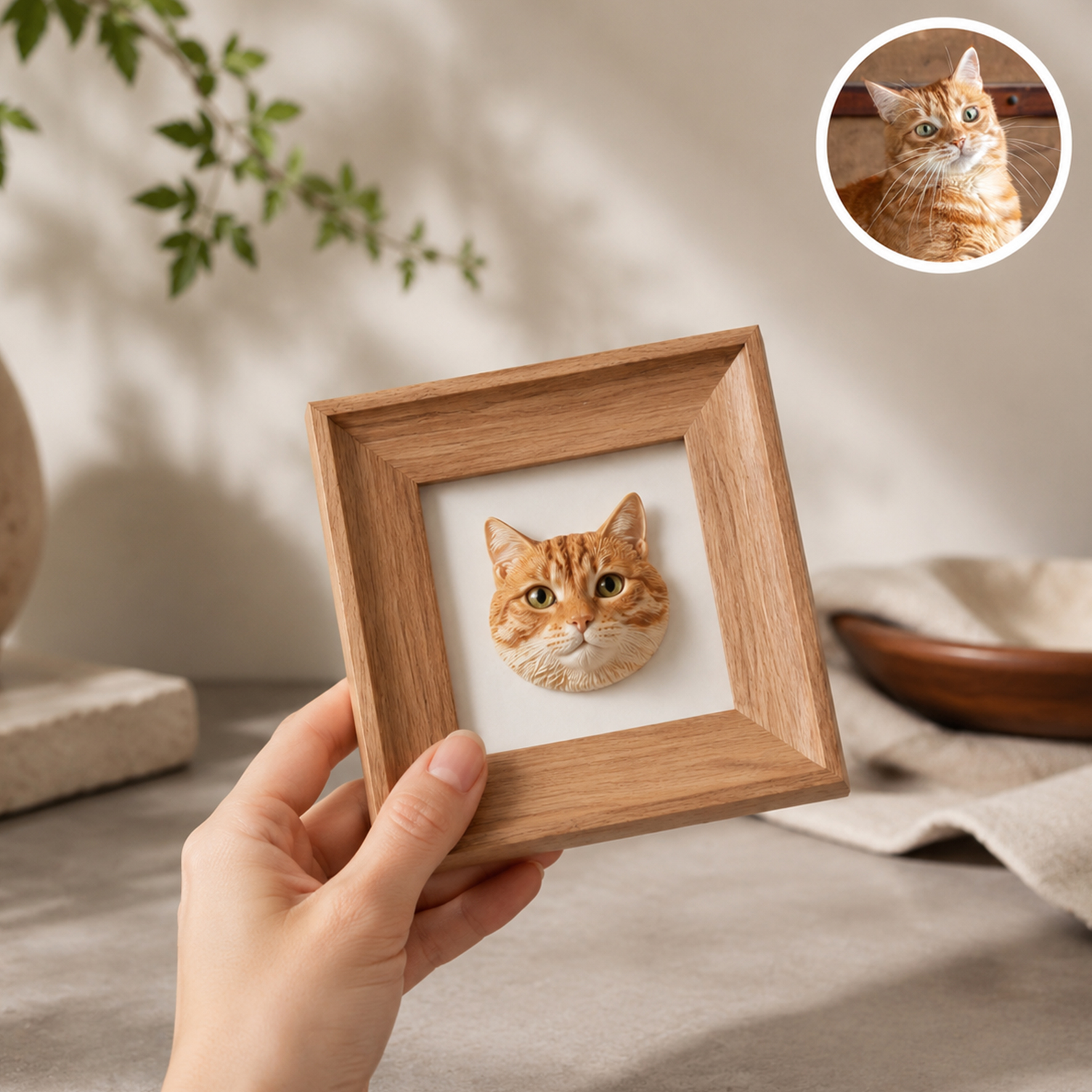 Personalized 3D Pet Portrait with Frame Ornament, Customized 3D Printed Mini Pet Portrait with Wooden Frame, Made of Resin, Compatible with Bedroom, Cars and Offices, Multi-purpose for Desktop