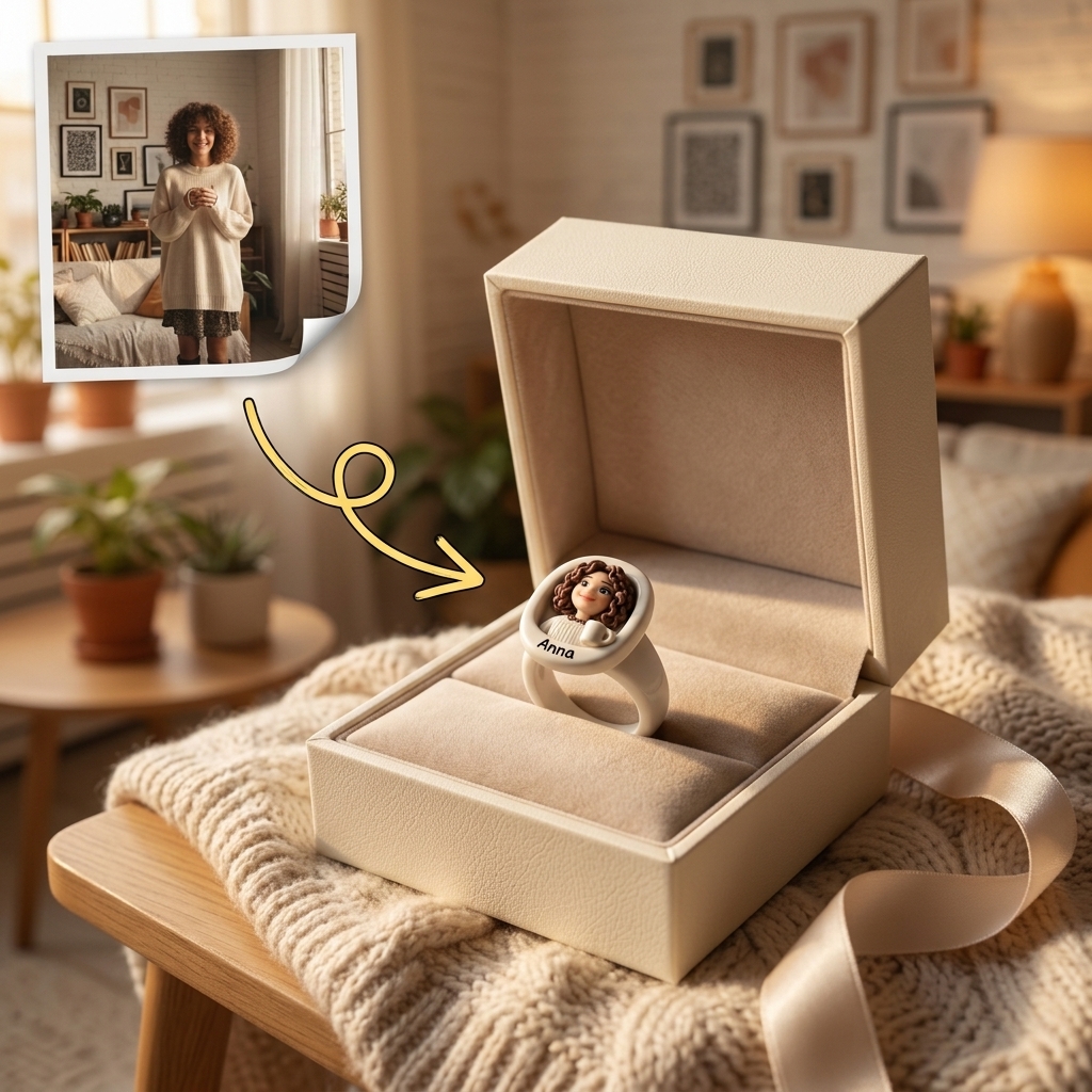 Personalized 3D figurine rings, custom commemorative jewelry, and meaningful gifts for couples.
