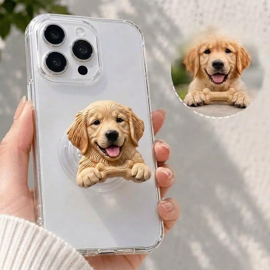 Custom 3D Sculpted Pet Phone Grip, Personalized Dog Cat Photo Phone Stand, Embossed Texture Cute Animal Head Cell Phone Holder, Unique Memorial Pet Lover Gift Compatible with All Smartphones