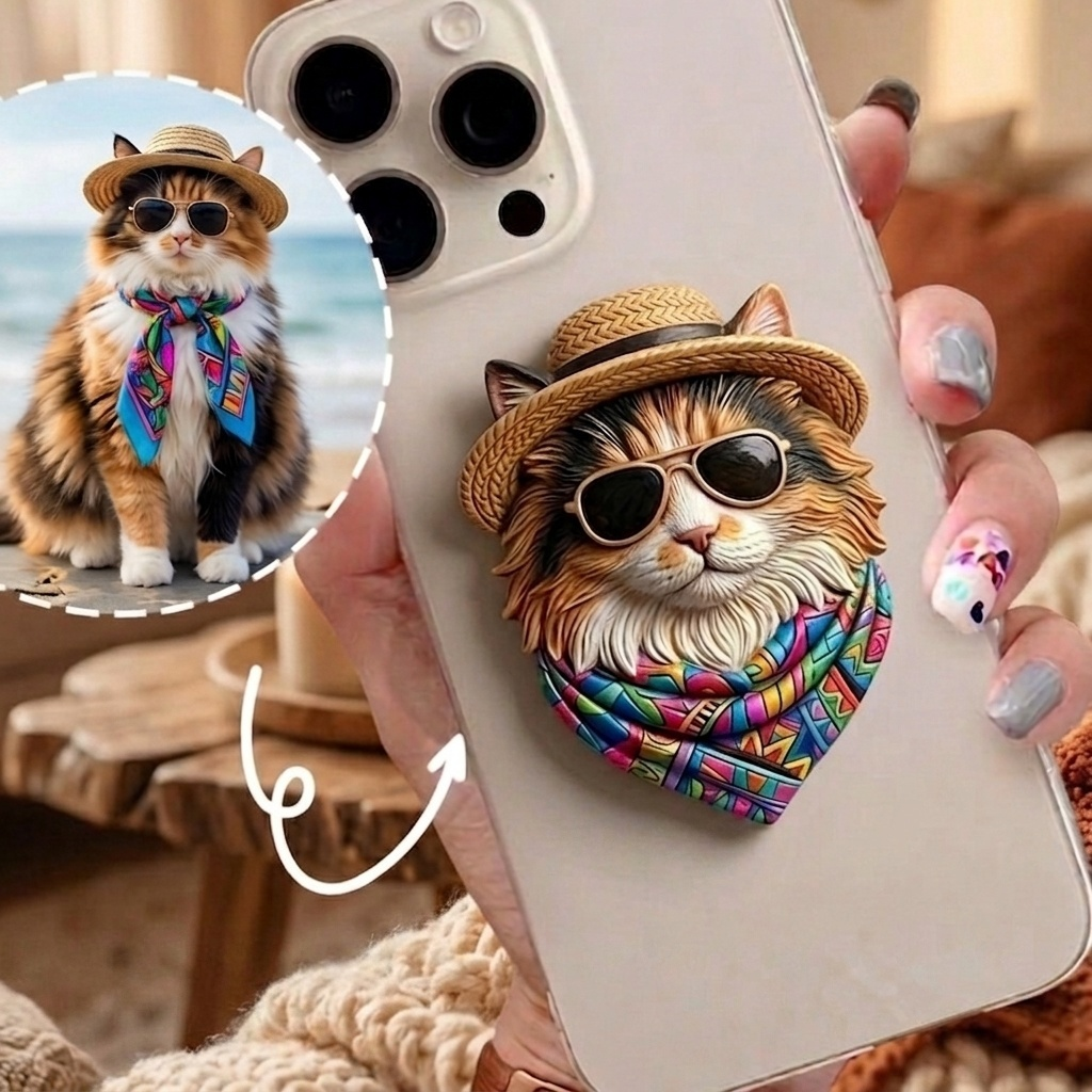 Custom 3D Sculpted Pet Phone Grip, Personalized Dog Cat Photo Phone Stand, Embossed Texture Cute Animal Head Cell Phone Holder, Unique Memorial Pet Lover Gift Compatible with All Smartphones