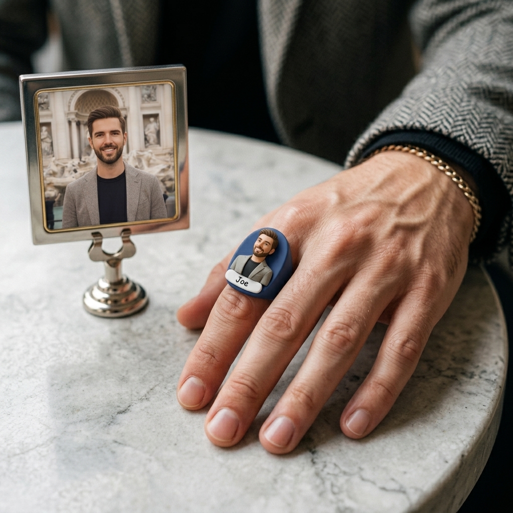 Personalized 3D figurine rings, custom commemorative jewelry, and meaningful gifts for couples.