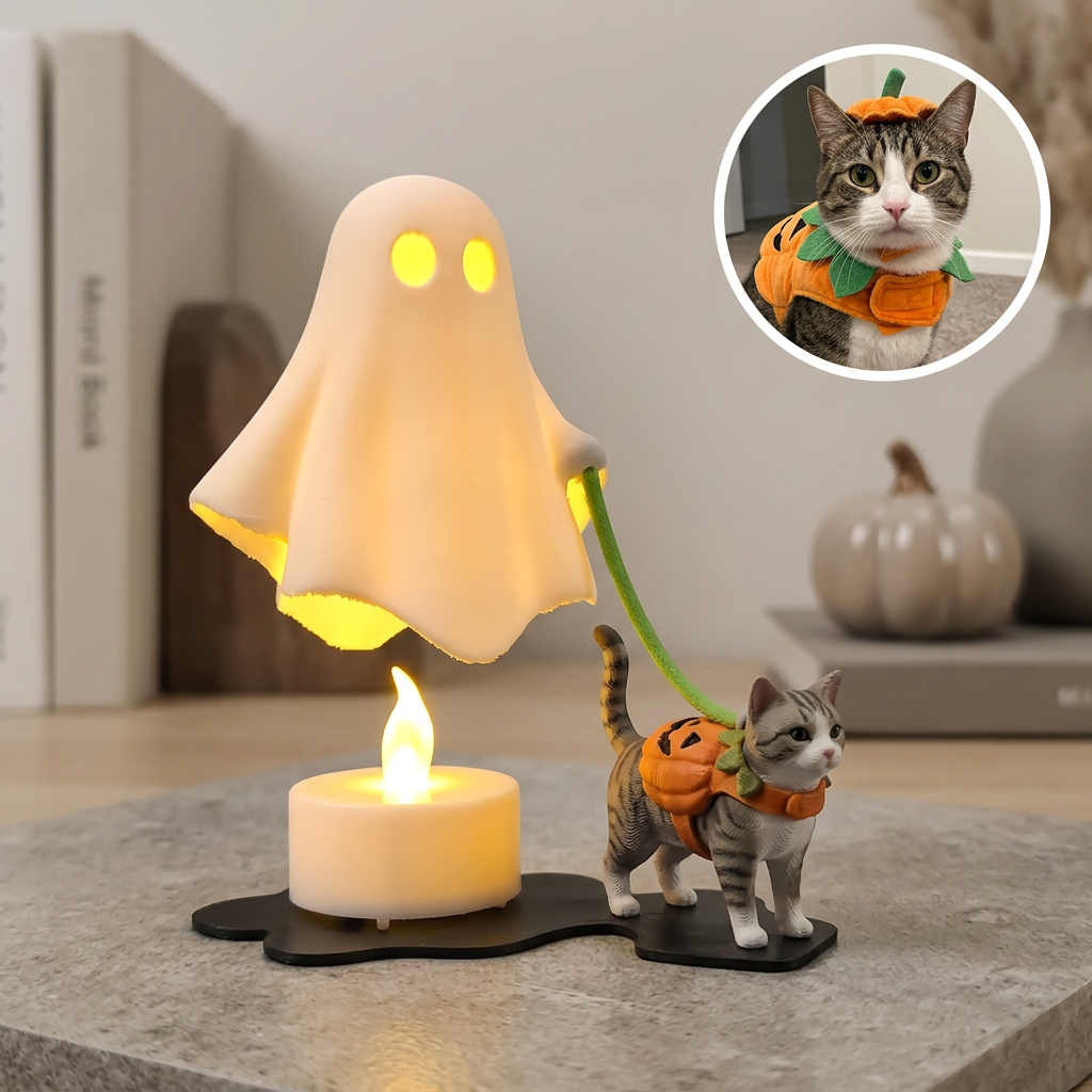 Personalized 3D Printed Pet wtih Ghost, Custom Pet with Halloween Floating Ghost Lamp, Desk Rustic Ghost Pet Night Light, Halloween Dogs Cats Desk Decor, Ghost Ornament Gift, Ghost Dog Walker 3D Printed Decor