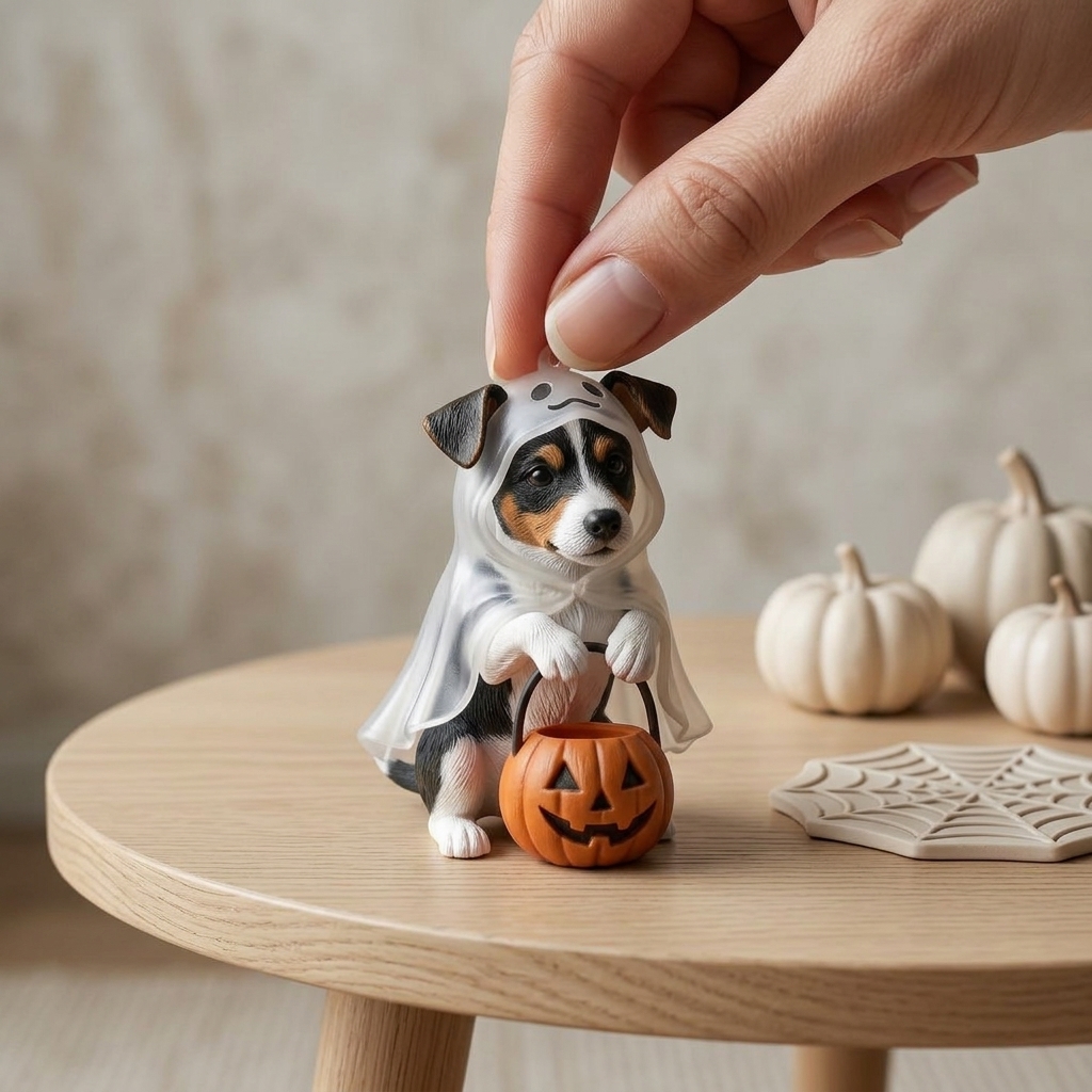 Cute 3D Printed Custom Halloween Pet with Pumpkin Figurine | Personalized Mini Car Ornament of Pets | Pets Halloween Decor | Made of resin | Dogs Cats Halloween Gift
