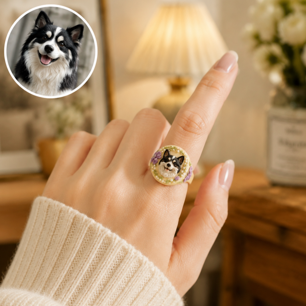 Customized 3D pet portrait rings, personalized 3D pet portrait rings, commemorative gifts for pet lovers.
