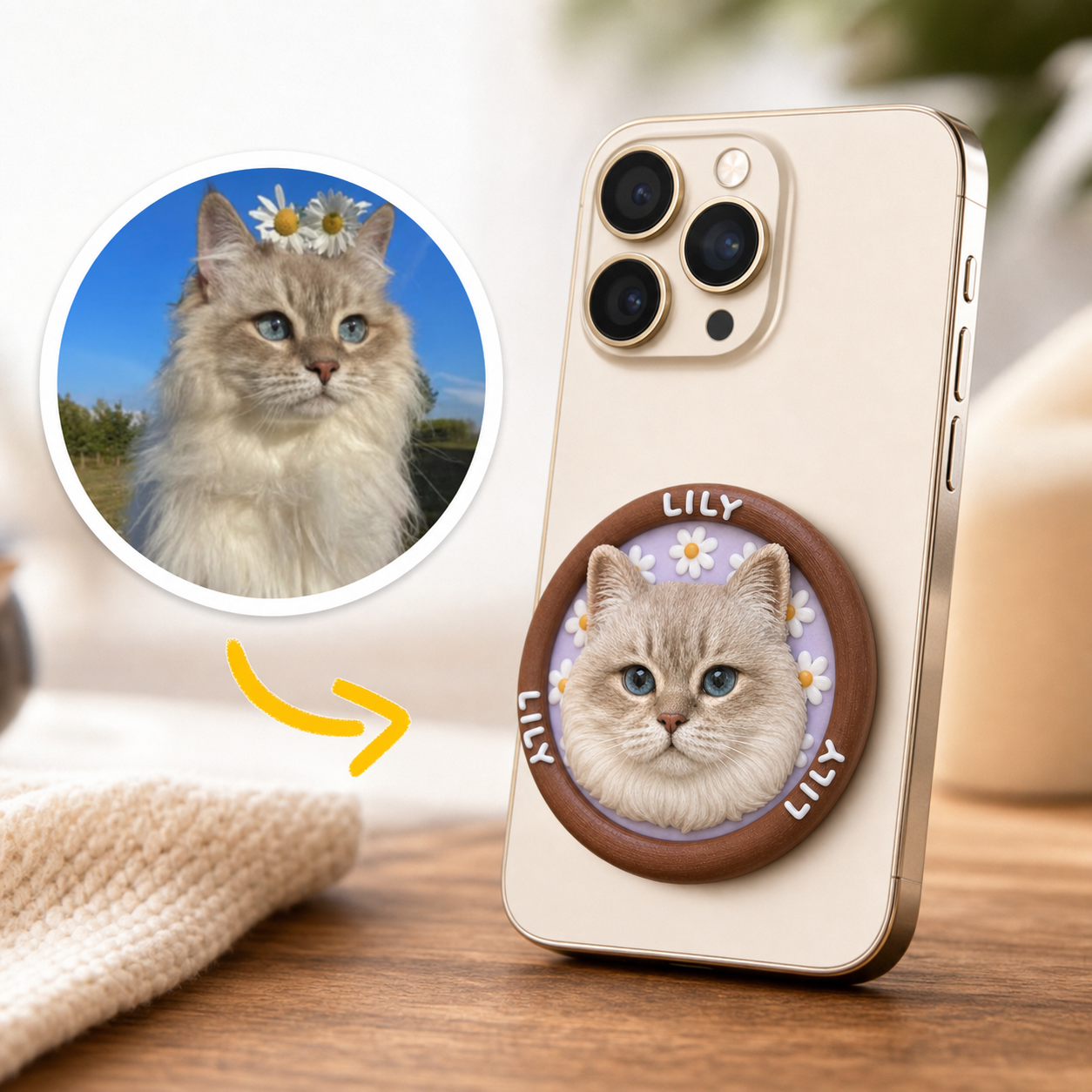 Custom 3D Sculpted Pet Phone Grip, Personalized Dog Cat Photo Phone Stand, Embossed Texture Cute Animal Head Cell Phone Holder, Unique Memorial Pet Lover Gift Compatible with All Smartphones