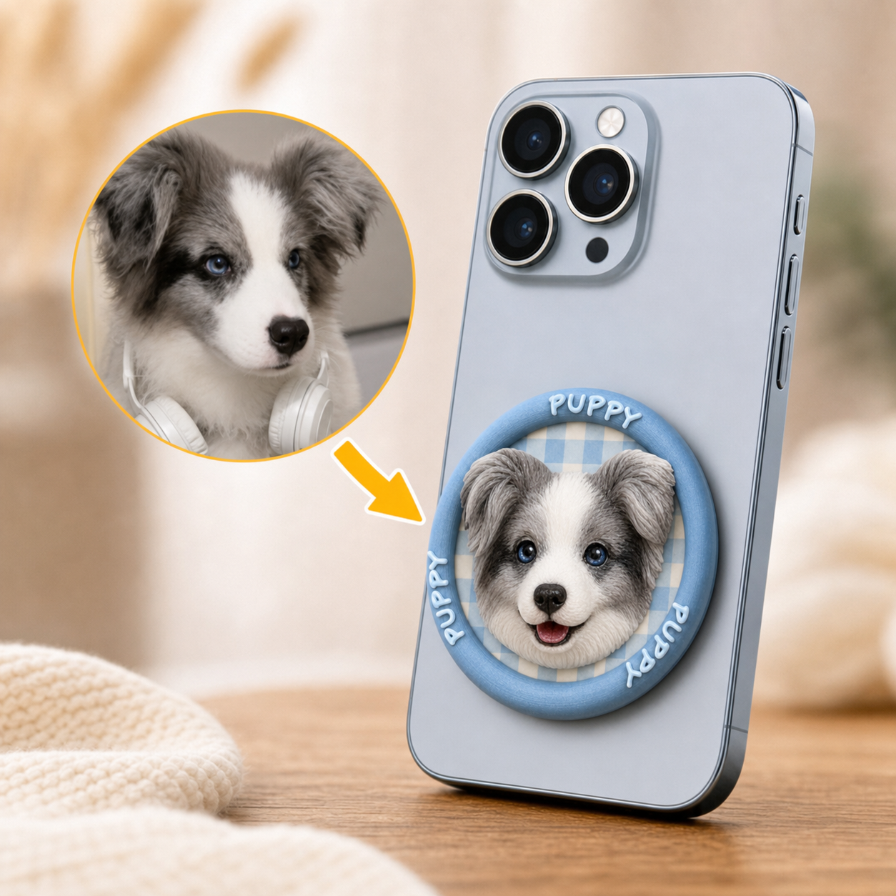 Custom 3D Sculpted Pet Phone Grip, Personalized Dog Cat Photo Phone Stand, Embossed Texture Cute Animal Head Cell Phone Holder, Unique Memorial Pet Lover Gift Compatible with All Smartphones