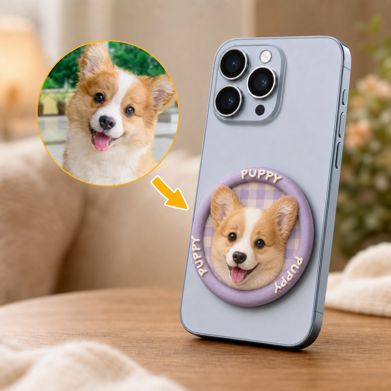 Custom 3D Sculpted Pet Phone Grip, Personalized Dog Cat Photo Phone Stand, Embossed Texture Cute Animal Head Cell Phone Holder, Unique Memorial Pet Lover Gift Compatible with All Smartphones