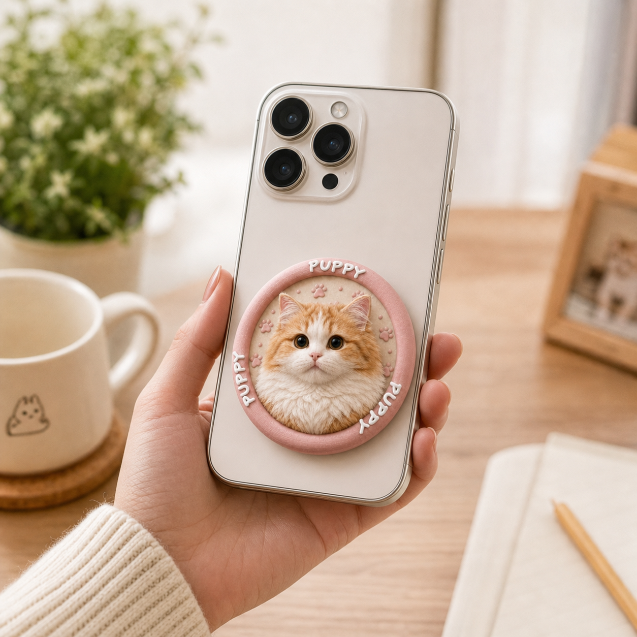Custom 3D Sculpted Pet Phone Grip, Personalized Dog Cat Photo Phone Stand, Embossed Texture Cute Animal Head Cell Phone Holder, Unique Memorial Pet Lover Gift Compatible with All Smartphones