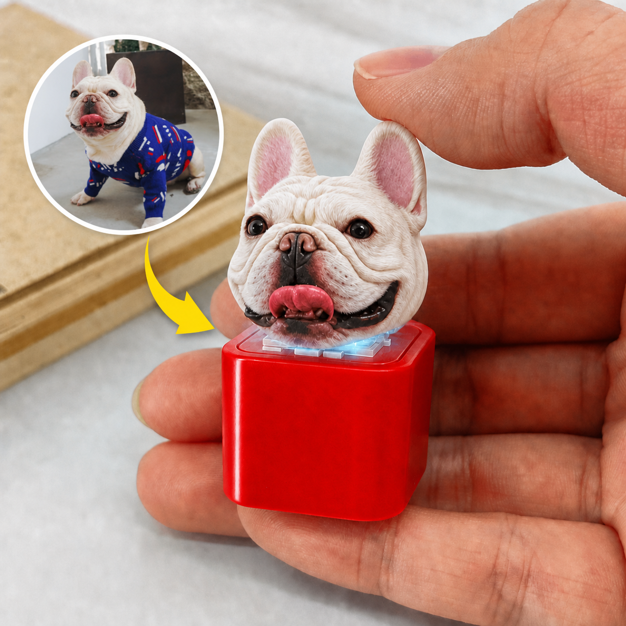 Personalized pet-themed keychain with recording function, charging button, and speaker