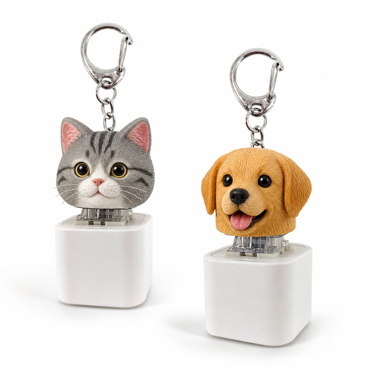 Personalized pet-themed keychain with recording function, charging button, and speaker