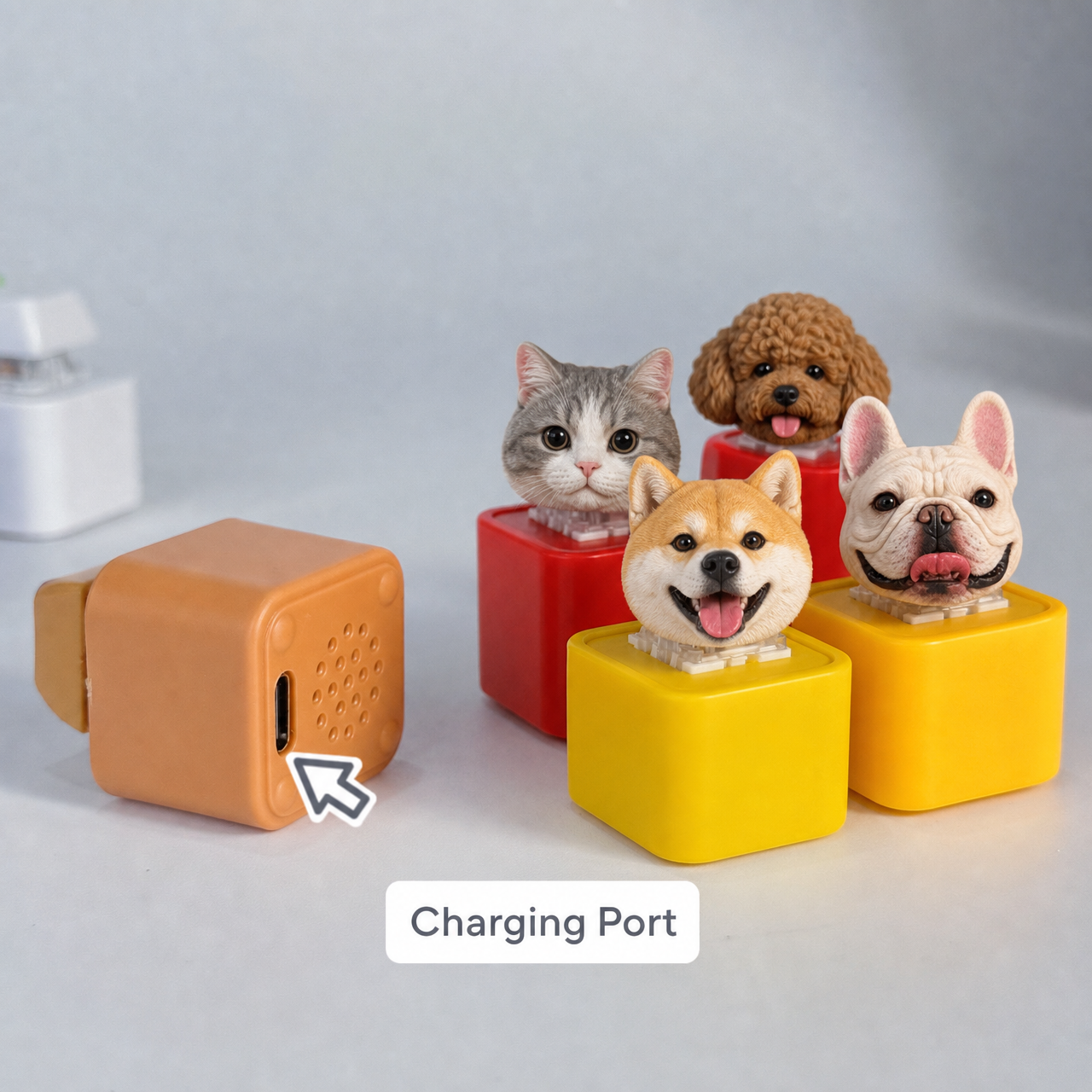 Personalized pet-themed keychain with recording function, charging button, and speaker