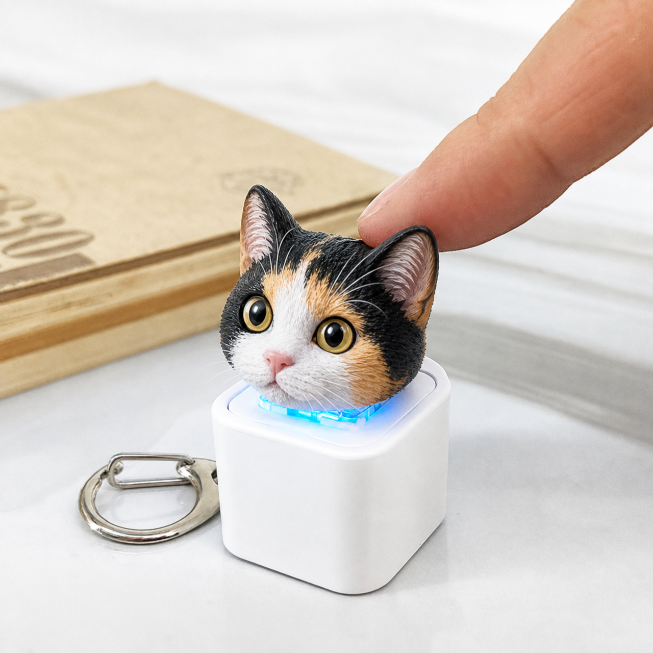 Personalized pet-themed keychain with recording function, charging button, and speaker
