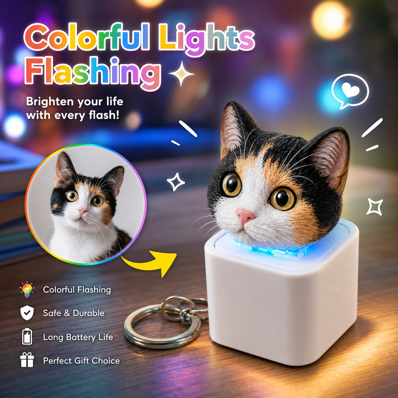 Personalized pet-themed keychain with recording function, charging button, and speaker