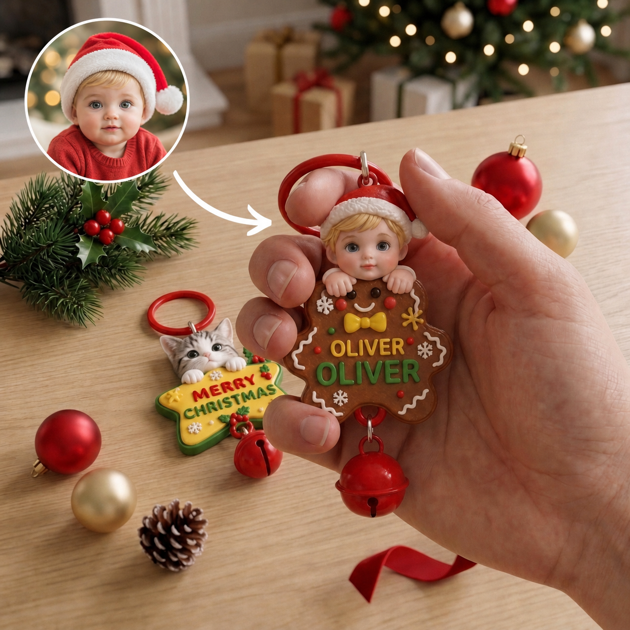 Custom Christmas Bell Keychain – 3D Cartoon Pet & Person