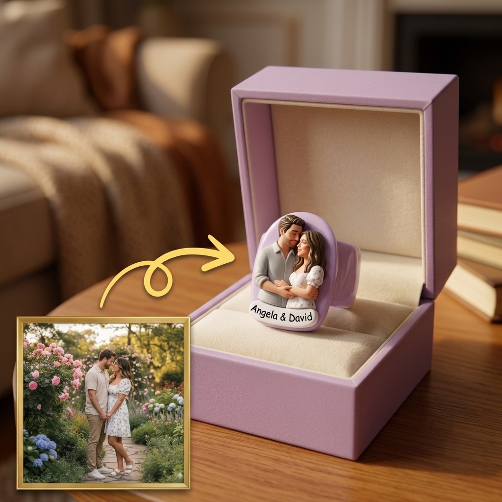 Personalized 3D figurine rings, custom commemorative jewelry, and meaningful gifts for couples.