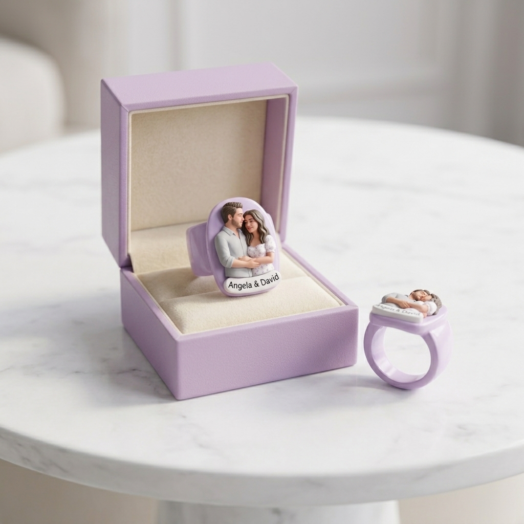 Personalized 3D figurine rings, custom commemorative jewelry, and meaningful gifts for couples.