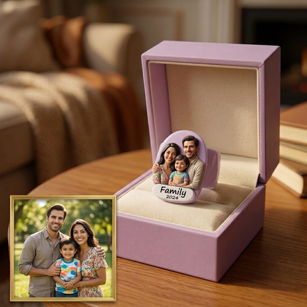Personalized 3D figurine rings, custom commemorative jewelry, and meaningful gifts for couples.