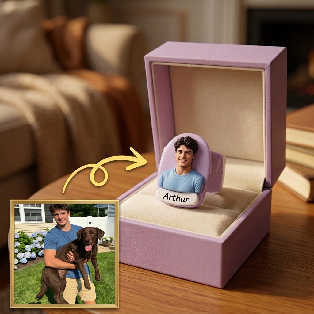 Personalized 3D figurine rings, custom commemorative jewelry, and meaningful gifts for couples.