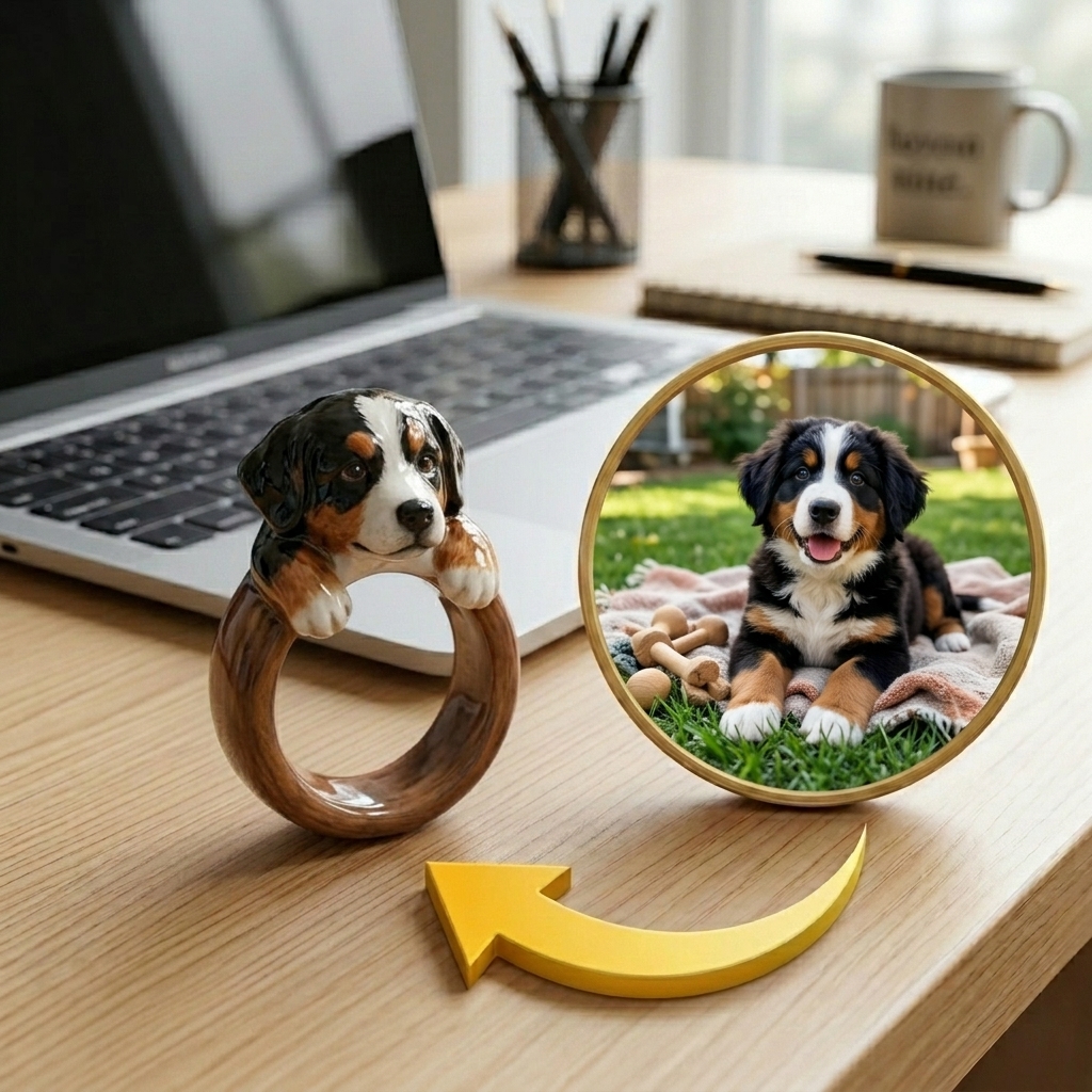 Customized 3D pet portrait rings, personalized 3D pet portrait rings, commemorative gifts for pet lovers.