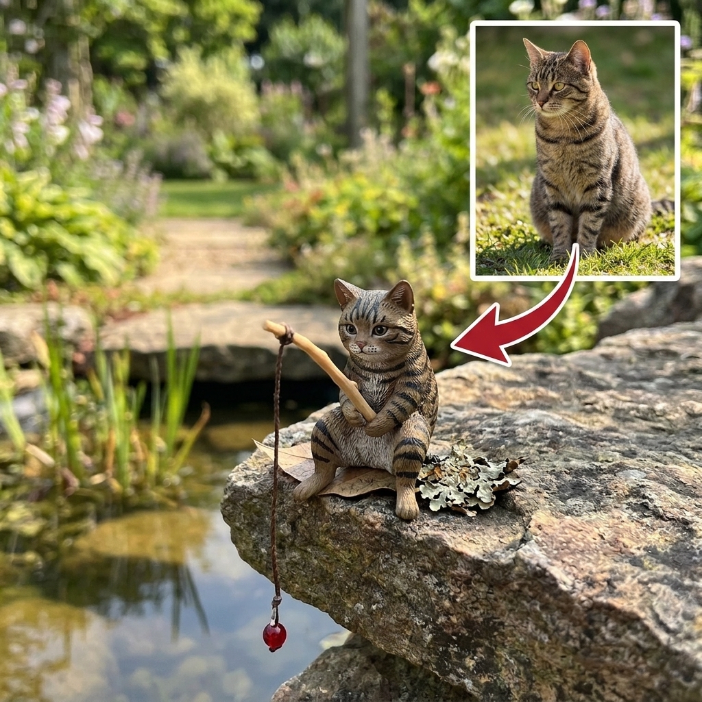 Cute 3D Custom Mini Ornaments of Pets Fishing | Made of resin, compatible with cars and offices, multi-purpose for dashboard/desktop, cartoon theme.