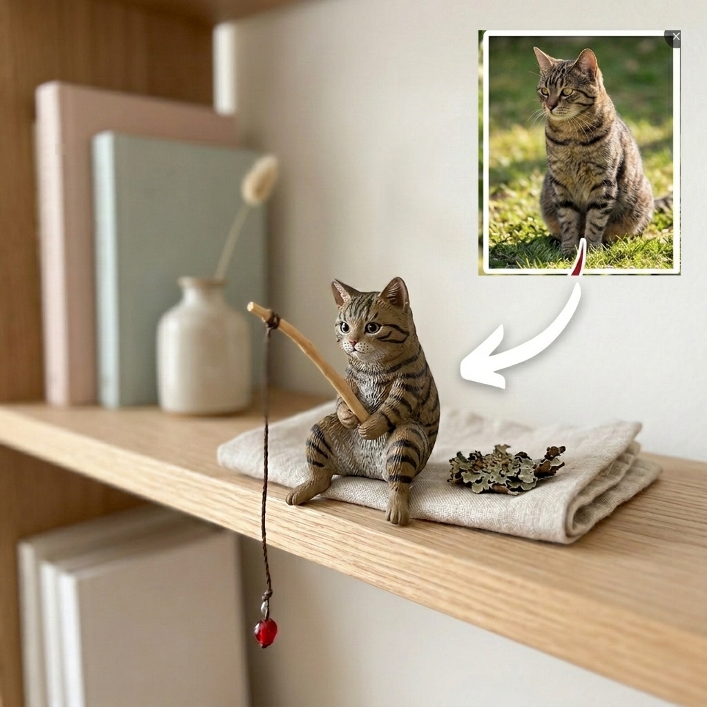 Cute 3D Custom Mini Ornaments of Pets Fishing | Made of resin, compatible with cars and offices, multi-purpose for dashboard/desktop, cartoon theme.