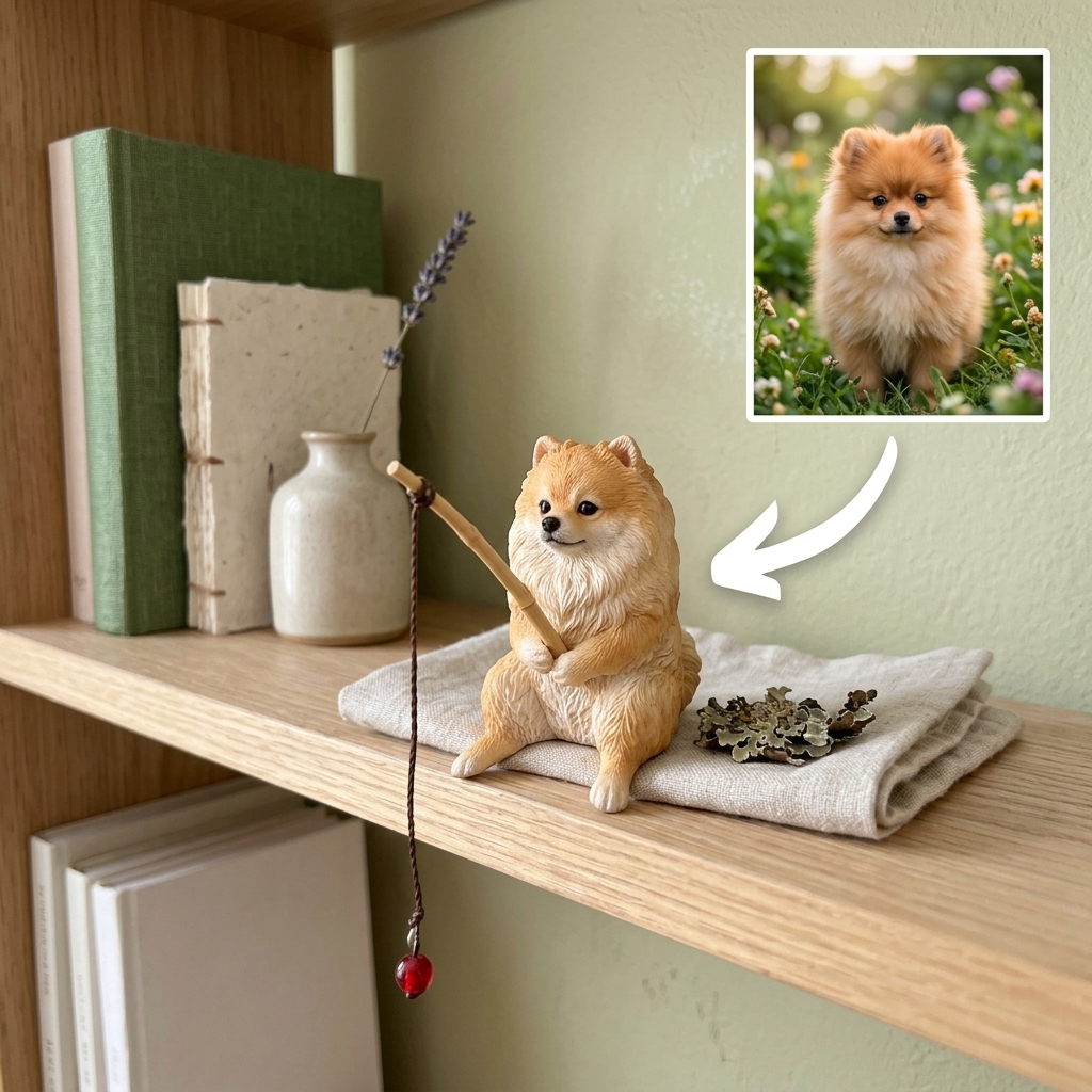 Cute 3D Custom Mini Ornaments of Pets Fishing | Made of resin, compatible with cars and offices, multi-purpose for dashboard/desktop, cartoon theme.