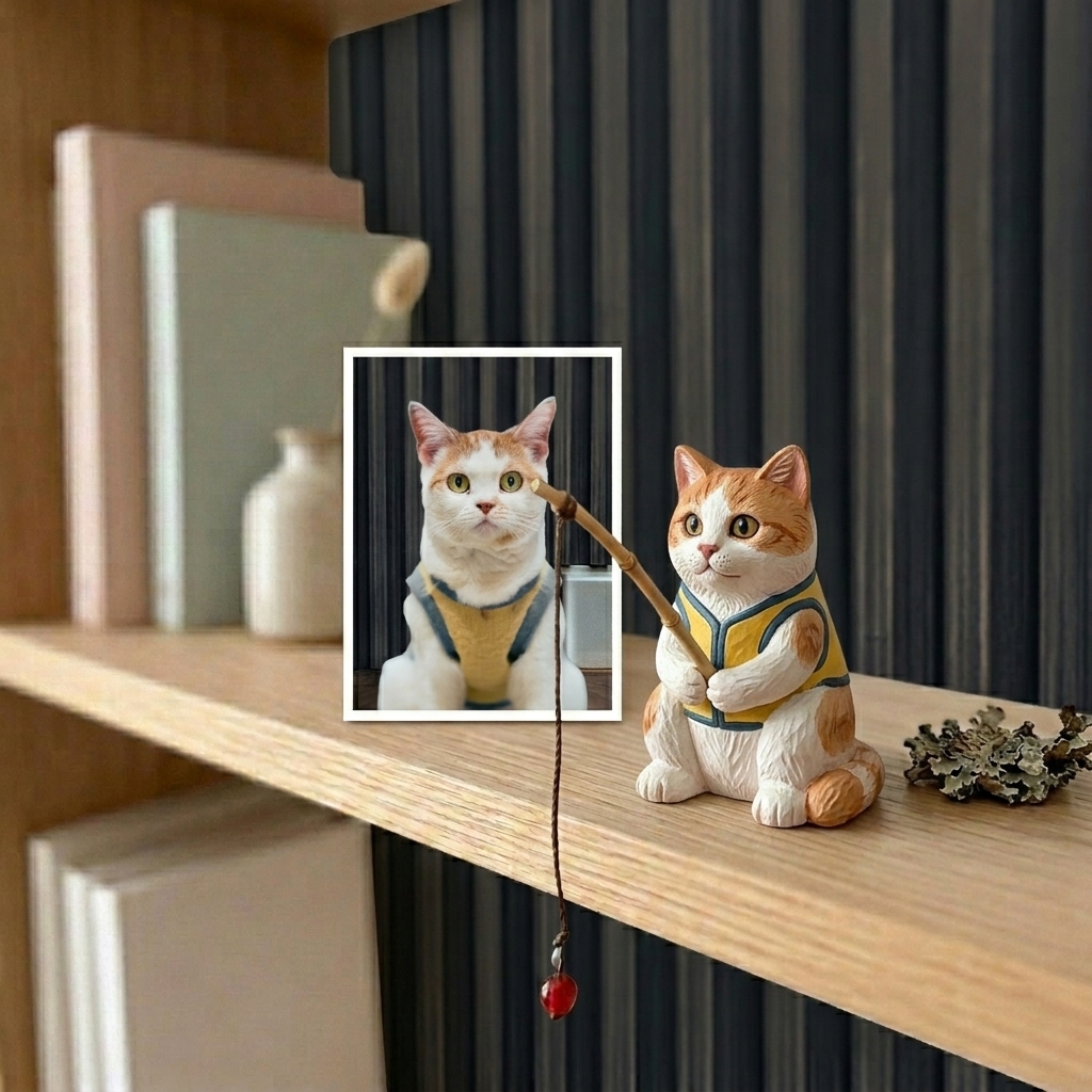 Cute 3D Custom Mini Ornaments of Pets Fishing | Made of resin, compatible with cars and offices, multi-purpose for dashboard/desktop, cartoon theme.