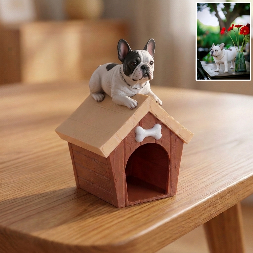 Cute 3D Custom Mini Ornaments – Pets on Doghouse | Resin Figurine for Car Dashboard, Office Desk & Home Decor | Cartoon Style