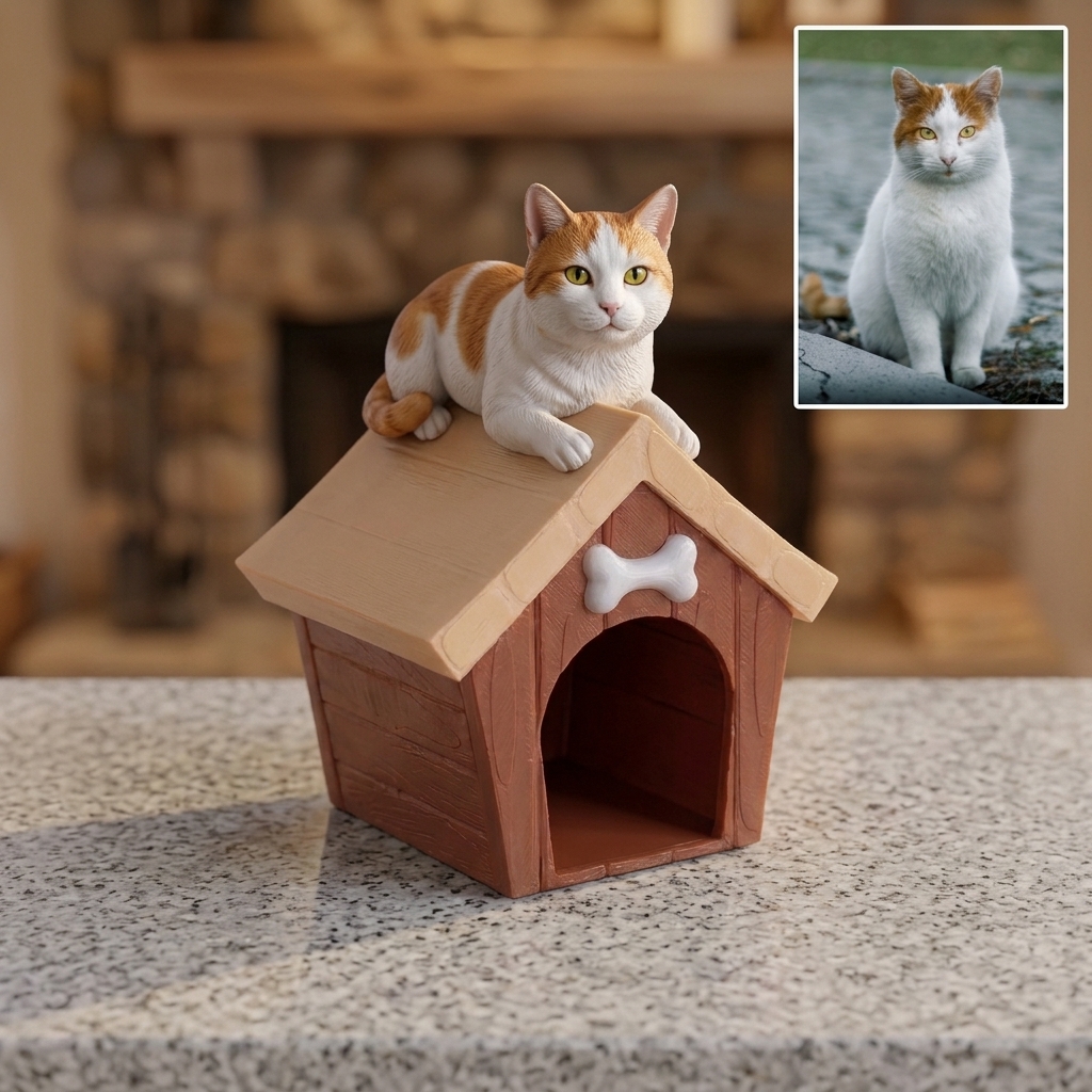 Cute 3D Custom Mini Ornaments – Pets on Doghouse | Resin Figurine for Car Dashboard, Office Desk & Home Decor | Cartoon Style