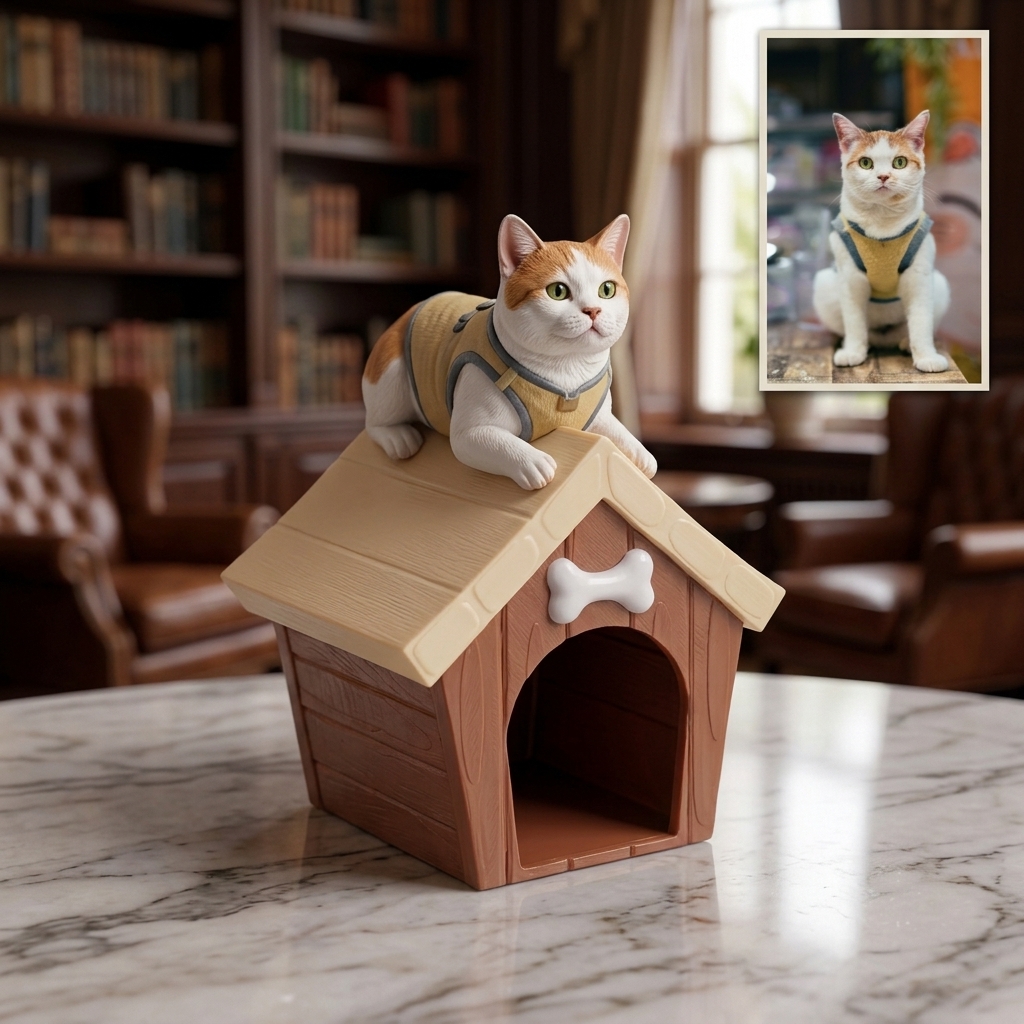Cute 3D Custom Mini Ornaments – Pets on Doghouse | Resin Figurine for Car Dashboard, Office Desk & Home Decor | Cartoon Style