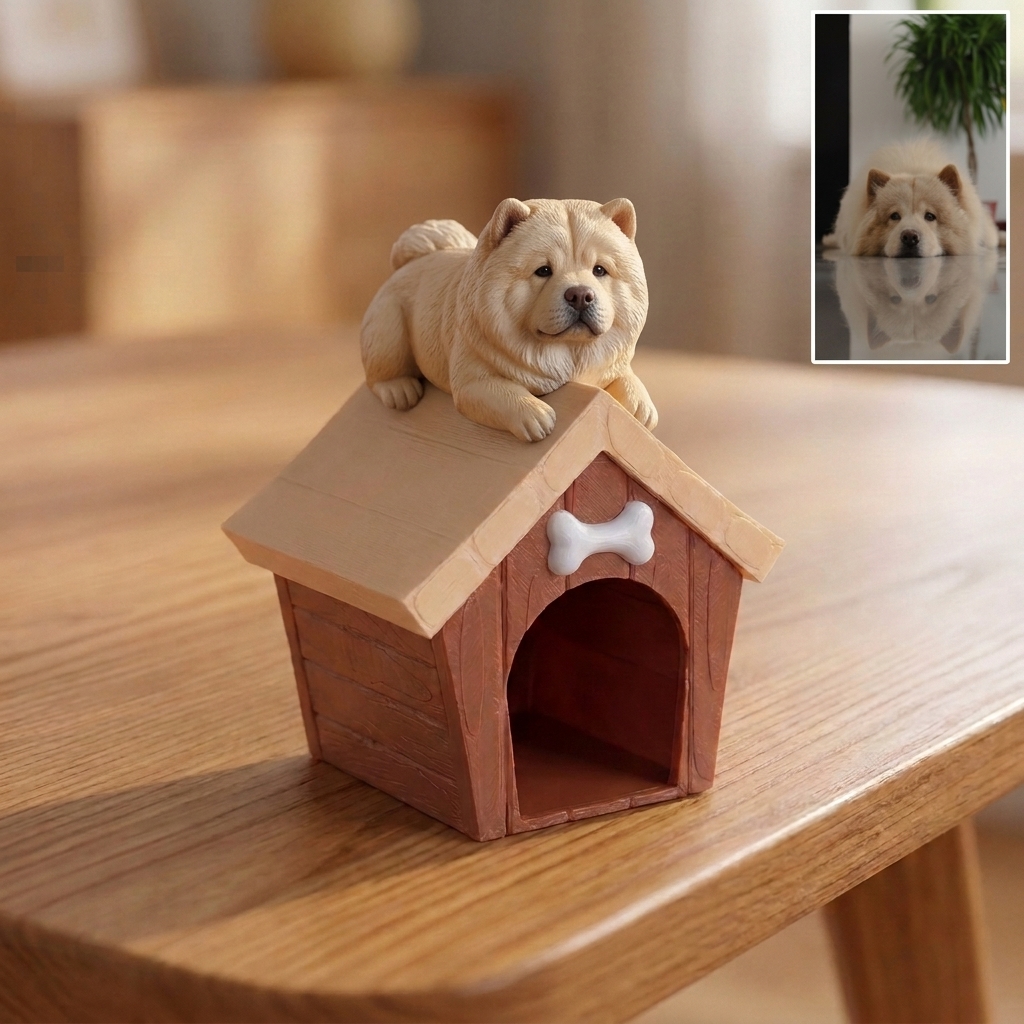 Cute 3D Custom Mini Ornaments – Pets on Doghouse | Resin Figurine for Car Dashboard, Office Desk & Home Decor | Cartoon Style