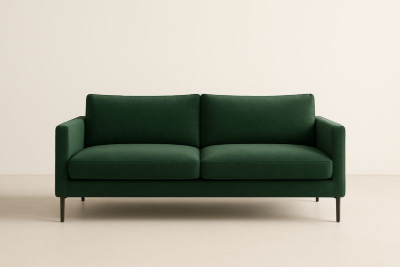 Canapé en velours vert avec cadre en bois et pieds en métal-