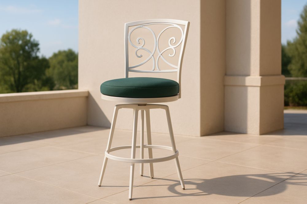 Chaise de bar pivotante en métal blanc avec assise en tissu vert